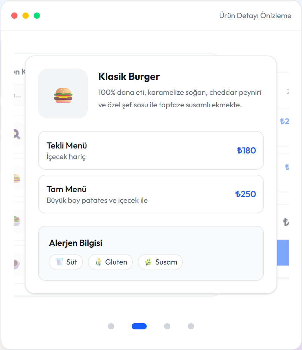 Menulu dijital QR menü ürün, varyant ve alerjen önizleme ekranı