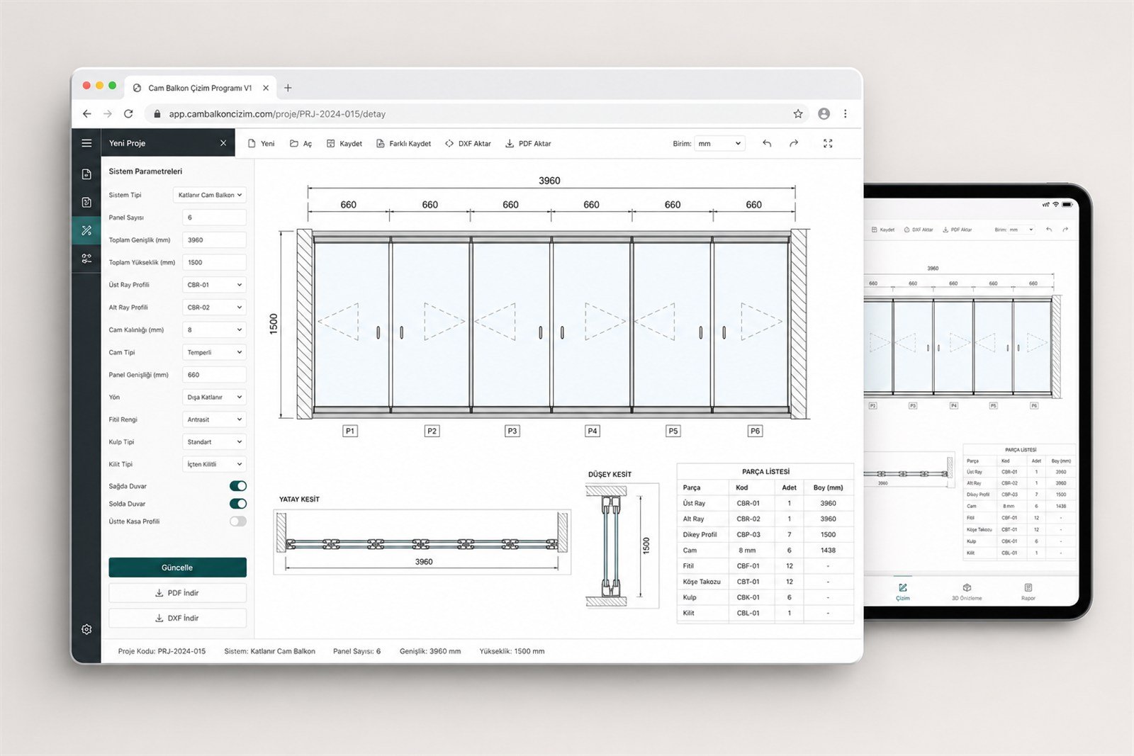 Cam Balkon Çizim Programı teknik çizim ve uygulama ekranı